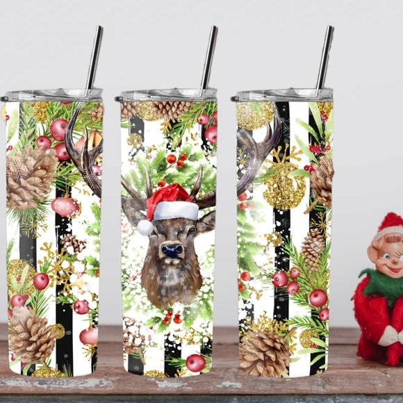 Christmas Deer 20oz Tumbler Santa Hat - Picture 2 of 3